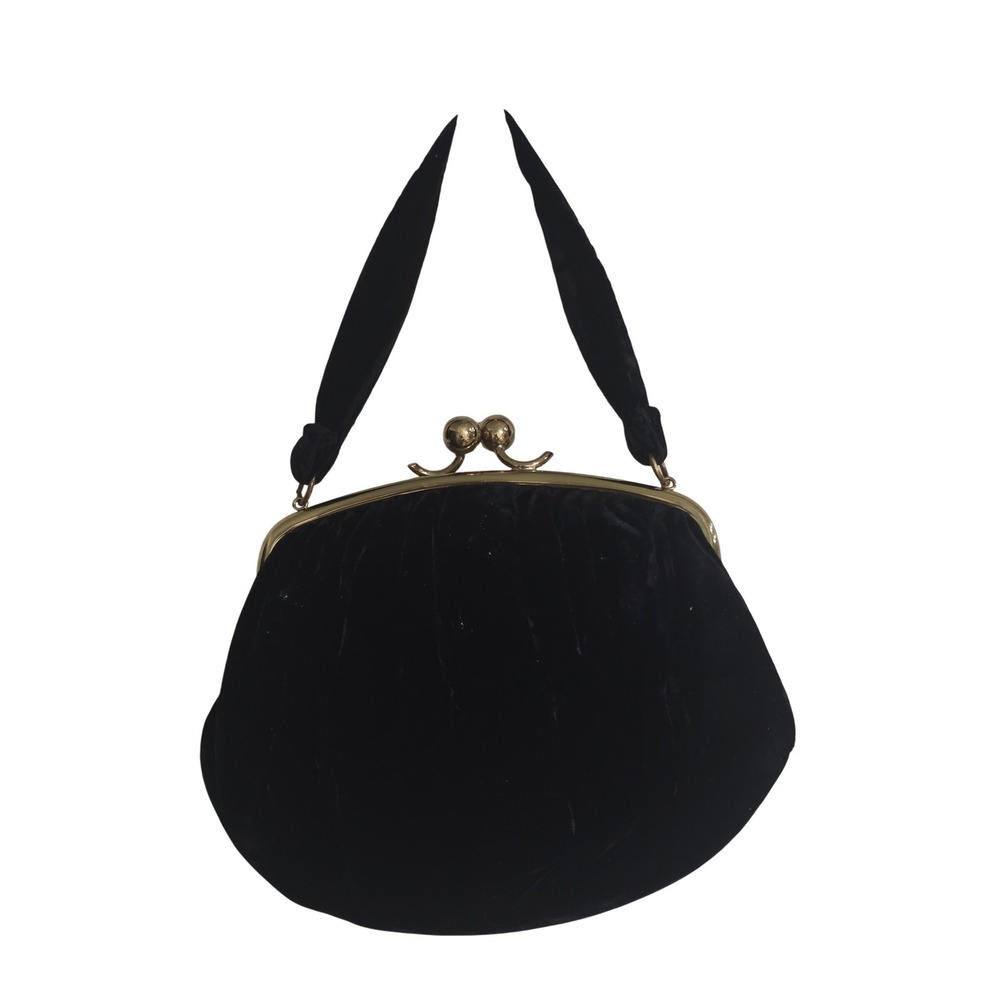 Vintage‎ MM Black Velvet Evening Bag Gold Tone Kiss Lock Frame Top Handle Purse